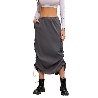 Women Y2k Cargo Low Waist Drawstring Ruched Vintage Slit Cargo Maxi Skirt with Pockets