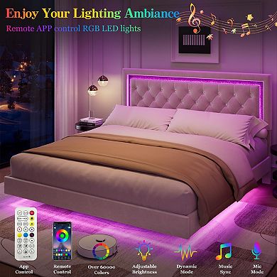 Floating Bed Frame with Smart Led Lights, Upholstered Platform Bed with Diamond Headboard