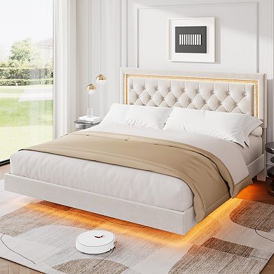 Floating Bed Frame with Smart Led Lights, Upholstered Platform Bed with Diamond Headboard