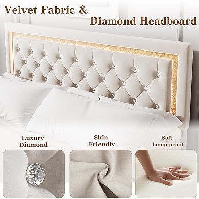 Floating Bed Frame with Smart Led Lights, Upholstered Platform Bed with Diamond Headboard