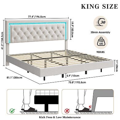 Floating Bed Frame with Smart Led Lights, Upholstered Platform Bed with Diamond Headboard