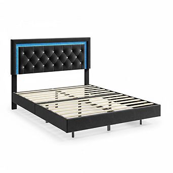 Floating Bed Frame with Smart Led Lights, Upholstered Platform Bed with Diamond Headboard