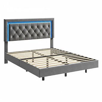 Floating Bed Frame with Smart Led Lights, Upholstered Platform Bed with Diamond Headboard