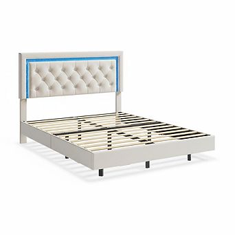 Floating Bed Frame with Smart Led Lights, Upholstered Platform Bed with Diamond Headboard