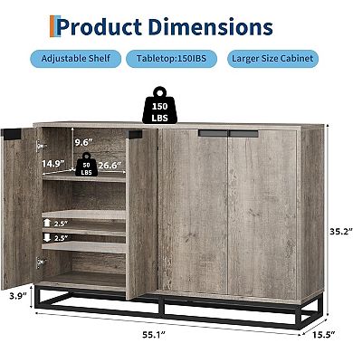 Modern 55" Sideboard Buffet Cabinet 4 Doors, Adjustable Shelves, Storage Credenza,