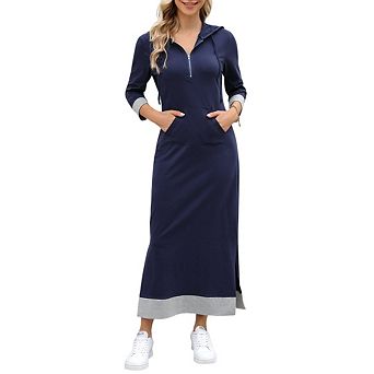 Women Casual Pocket Quarter-Zip Neck 3/4 Sleeve Slim Split Pullover Hoodie Maxi Dress