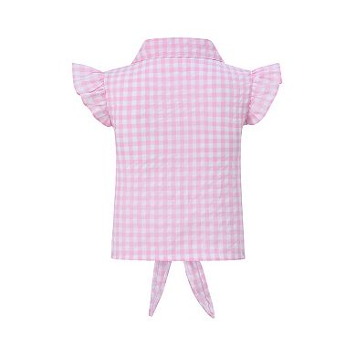 Girls' Plaid Sleeveless Flutter Sleeve Button-Down Shirt with Tie Hem