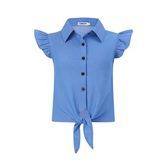 Girls' Plaid Sleeveless Flutter Sleeve Button-Down Shirt with Tie Hem