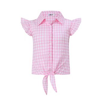 Girls' Plaid Sleeveless Flutter Sleeve Button-Down Shirt with Tie Hem