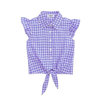 Girls' Plaid Sleeveless Flutter Sleeve Button-Down Shirt with Tie Hem