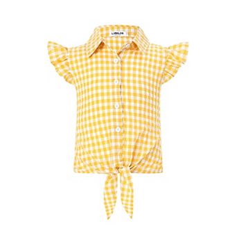 Girls' Plaid Sleeveless Flutter Sleeve Button-Down Shirt with Tie Hem