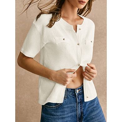 Women's Summer Button Down Shirts Casual Short Sleeve Crew Neck Ribbed Knit Blouse Top Cardigans