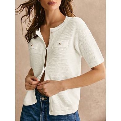 Women's Summer Button Down Shirts Casual Short Sleeve Crew Neck Ribbed Knit Blouse Top Cardigans