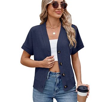 Womens Tops Waffleknit Button Down Shirts Casual V Neck Short Sleeve Dressy Blouses