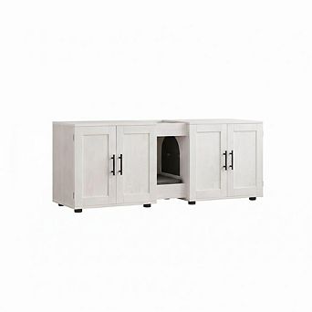 Double Cat House Litter Box Furniture for 2 Cats, Wooden Hidden Litter Box Cabinet