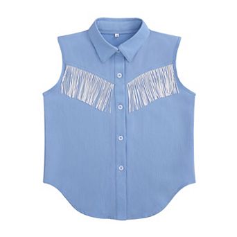 Girls' Western Style Sleeveless Denim Shirt with Fringe Detail