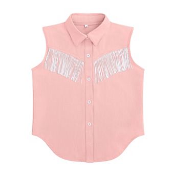 Girls' Western Style Sleeveless Denim Shirt with Fringe Detail