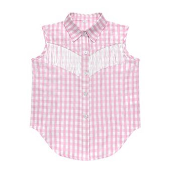 Girls' Western Style Sleeveless Denim Shirt with Fringe Detail