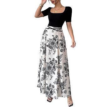Women's Color Block Maxi Dress Summer Square Neck Short Sleeve Floral Print Tie Waist Long Dress