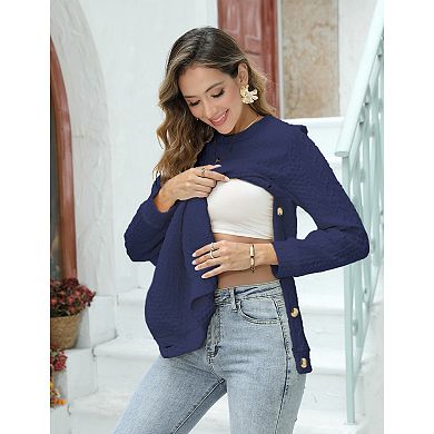 Maternity Nursing Shirts Crew Neck Front Knit Long Sleeve Side Ruched Button Down Pregnance Sweater