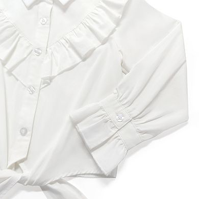 Girls' Plaid Long Sleeve Shirt with Flutter Sleeve Detail & Tie Hem