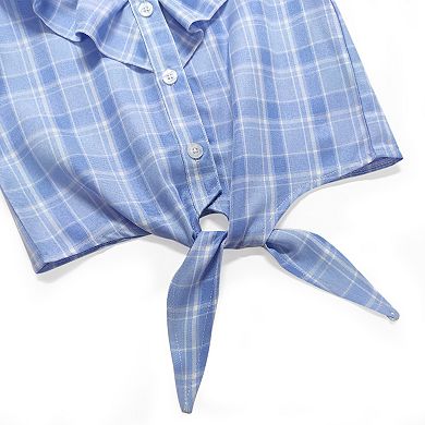 Girls' Plaid Long Sleeve Shirt with Flutter Sleeve Detail & Tie Hem