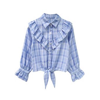 Girls' Plaid Long Sleeve Shirt with Flutter Sleeve Detail & Tie Hem