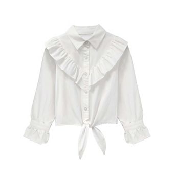 Girls' Plaid Long Sleeve Shirt with Flutter Sleeve Detail & Tie Hem