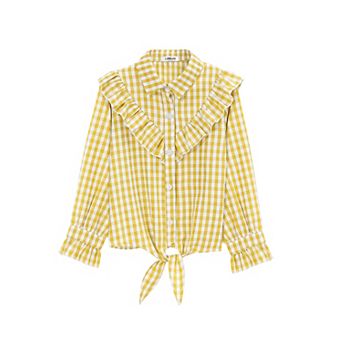 Girls' Plaid Long Sleeve Shirt with Flutter Sleeve Detail & Tie Hem