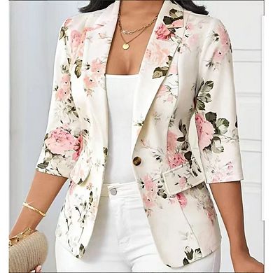 Women's Floral 3/4 Sleeve Blazer Shawl Collar Single Button for Office Casual Wear with Pockets