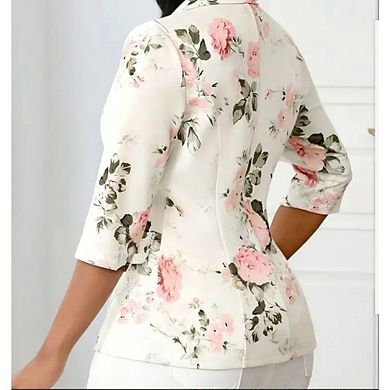 Women's Floral 3/4 Sleeve Blazer Shawl Collar Single Button for Office Casual Wear with Pockets
