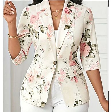 Women's Floral 3/4 Sleeve Blazer Shawl Collar Single Button for Office Casual Wear with Pockets