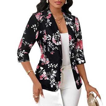 Women's Floral 3/4 Sleeve Blazer Shawl Collar Single Button for Office Casual Wear with Pockets