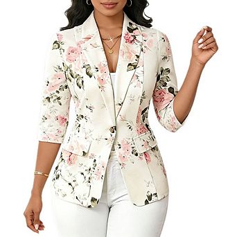 Women's Floral 3/4 Sleeve Blazer Shawl Collar Single Button for Office Casual Wear with Pockets