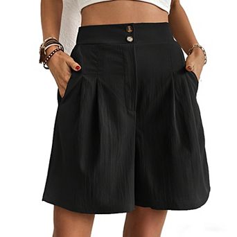 Women's Pleated Elastic High Waisted Straight Wide Leg Shorts Summer Casual Bottoms Pocket