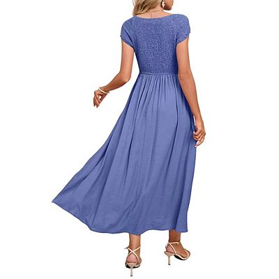 Women's Summer Dress Casual Round Neck Short Sleeve Smocked High Waist Maxi  Dress with Pockets