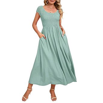 Women's Summer Dress Casual Round Neck Short Sleeve Smocked High Waist Maxi Dress with Pockets