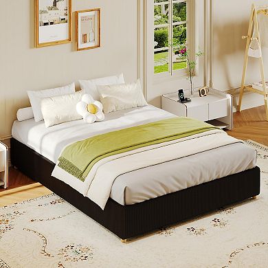 Minimalist Cloud Bed Frame - Soft Boucle Upholstery, Low Platform, Solidified Wood Legs