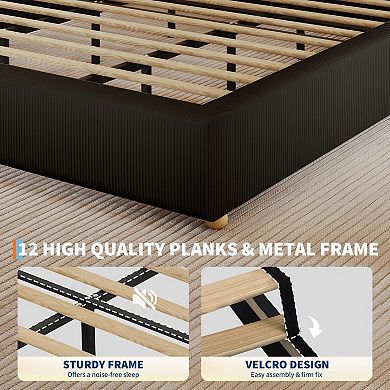 Minimalist Cloud Bed Frame - Soft Boucle Upholstery, Low Platform, Solidified Wood Legs