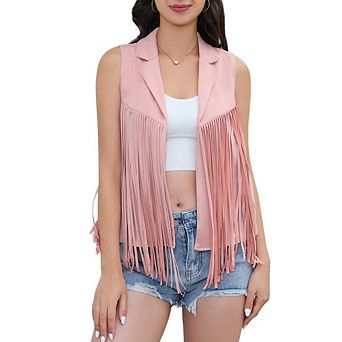 Women's Faux Suede Fringe Vest Notched Lapel Sleeveless Open Front for Casual Western Wear