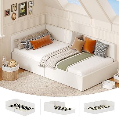 Daybed with Bed Rails,Velvet Upholstered Corner Bed Frame with Headboard,Guardrail,Modern Kids Bed