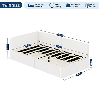 Daybed with Bed Rails,Velvet Upholstered Corner Bed Frame with Headboard,Guardrail,Modern Kids Bed