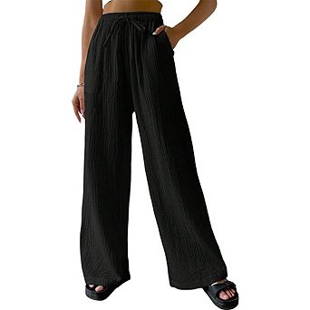 Women's Fashion Cotton Linen Wrinkle Wide Leg Straight Pants Elastic Waist Drawstring Loose Pants