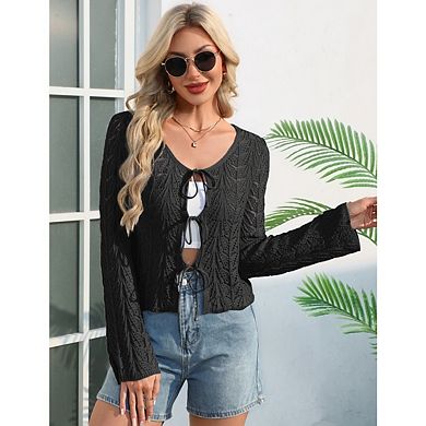 Women's Tie Front Bell Long Sleeve Crop Cardigan Lightweight Kint Hollow Crochet Cardigans