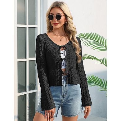 Women's Tie Front Bell Long Sleeve Crop Cardigan Lightweight Kint Hollow Crochet Cardigans