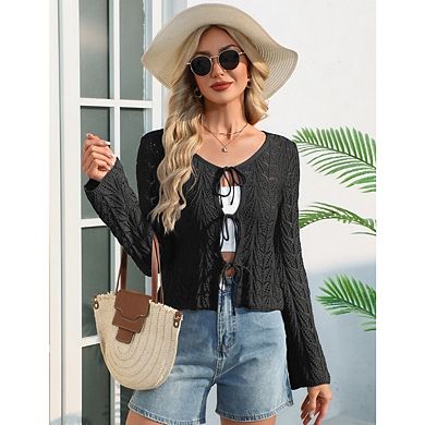 Women's Tie Front Bell Long Sleeve Crop Cardigan Lightweight Kint Hollow Crochet Cardigans