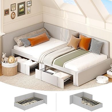 Daybed with Storage Drawers,Velvet Upholstered Corner Bed Frame with Headboard,Living Room, Bedroom