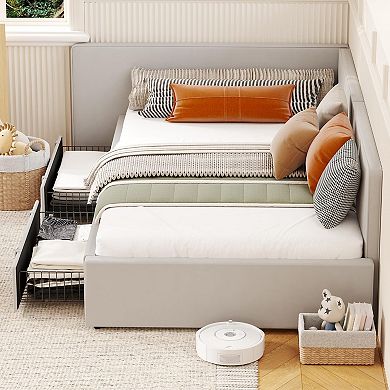 Daybed with Storage Drawers,Velvet Upholstered Corner Bed Frame with Headboard,Living Room, Bedroom