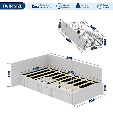 Daybed with Storage Drawers,Velvet Upholstered Corner Bed Frame with Headboard,Living Room, Bedroom