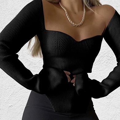 Women's Square Neck Tops Ribbed Knitted Sweater Long Sleeve Crop Slim Fitted Basic Pullover Tops